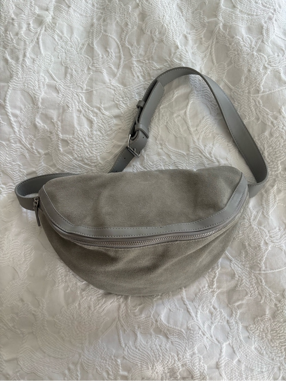 French Connection Grey Cow Leather Suede Crescent Sling/Crossbody Belt Bag